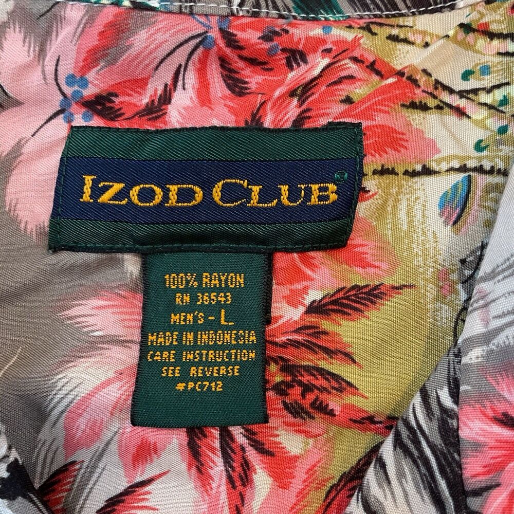 IZOD Club Shirt Men’s Large Hawaiian Floral Short Sleeve Collar Button Up Rayon - Picture 9 of 10
